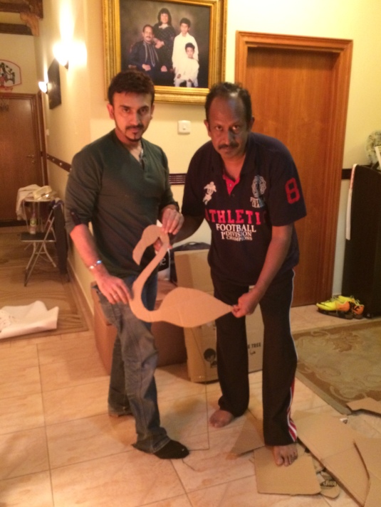 The flamingo body cut out from cardboard. Sample given to carpenter to cut out  on MDF board.